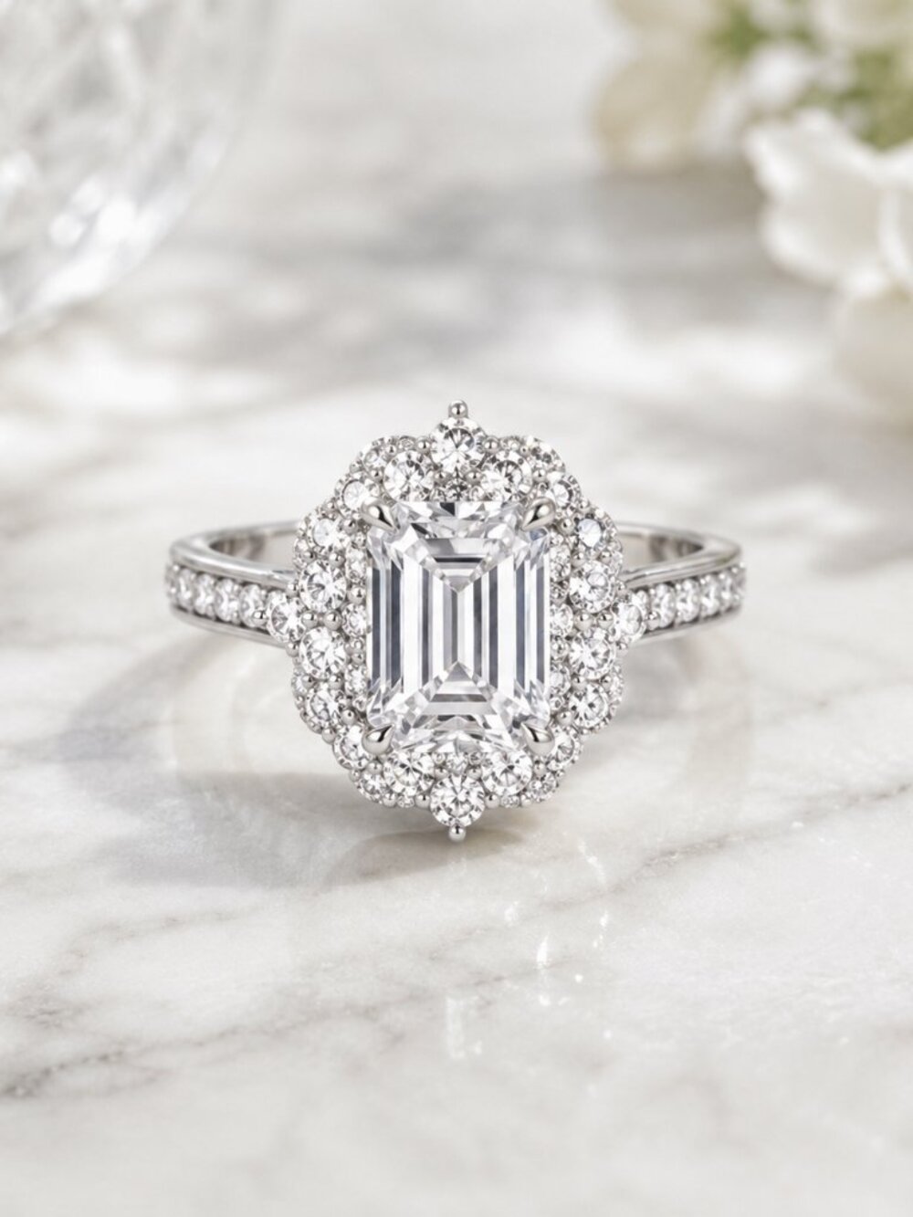 Silver 3.5 CT Emerald Cut Zircon Halo Statement Ring Size 8 NWT